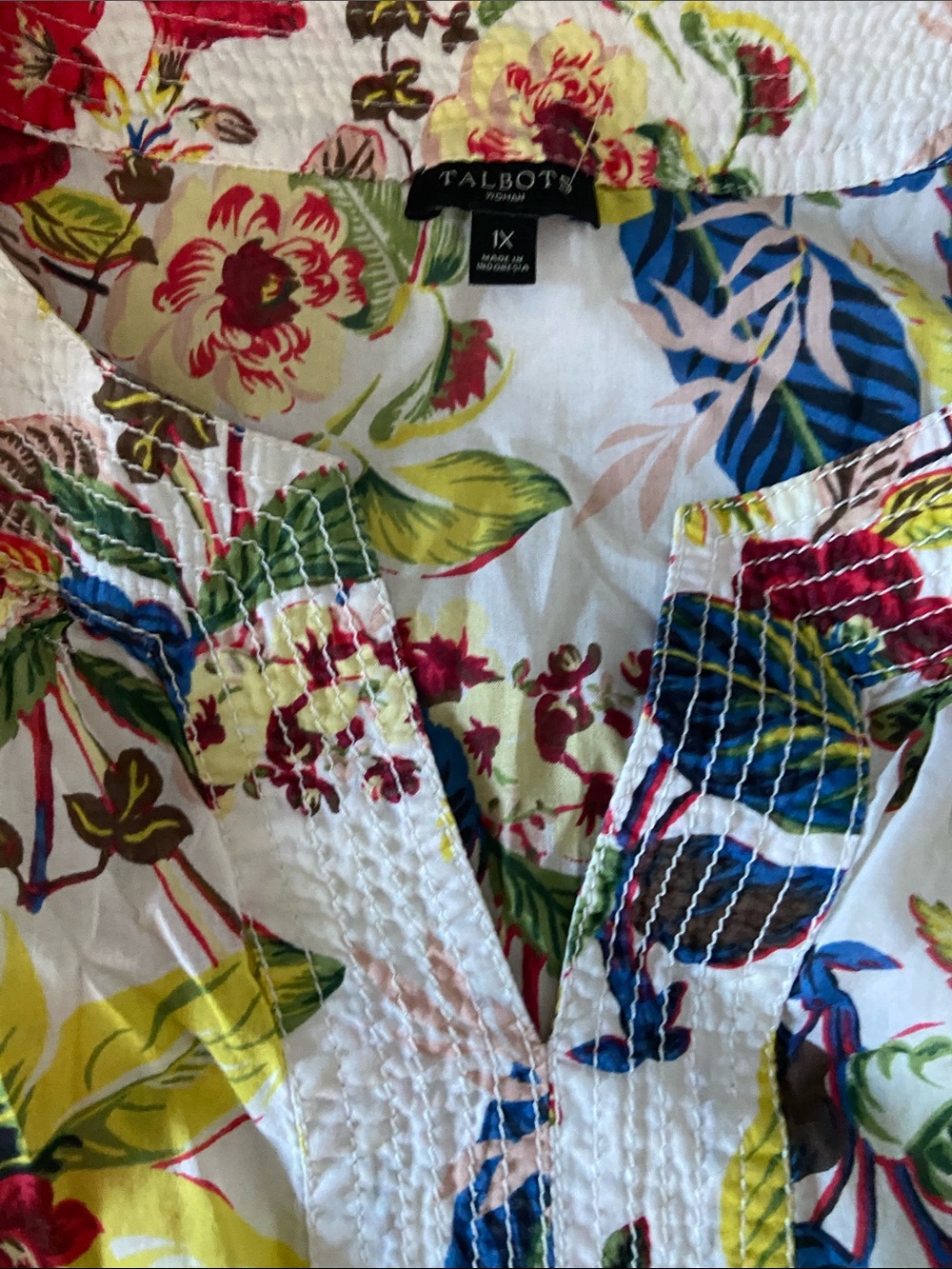 Talbots White Floral Cotton Tunic with Blue, Yellow & Red Accents